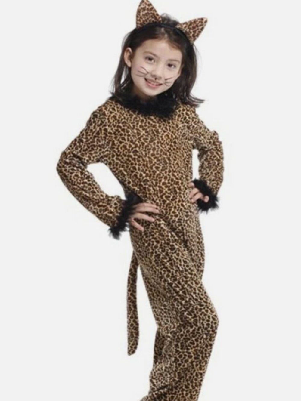 Wild Cat Leopard Jumpsuit Costume for Girls Kids Child Halloween Outfit 2pcs Set